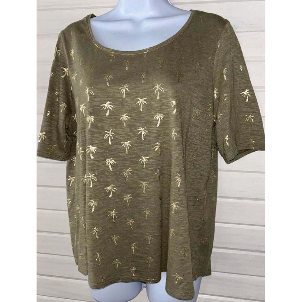 Chicos Sz 1 (MEDIUM) Cotton Blend Slub Foil Palm Tee Olive Green Gold EUC